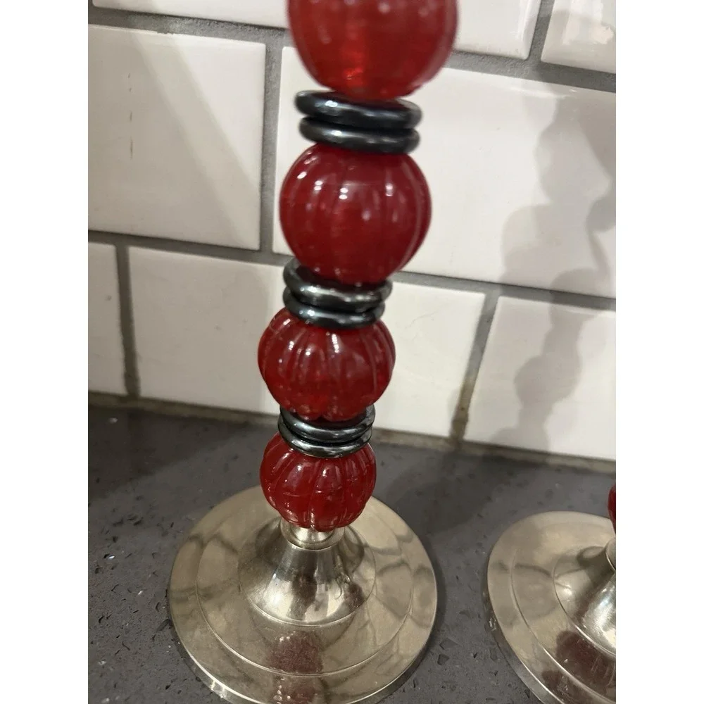 Vtg Silver Tone Red Glass Beads Candle Stick Holders Set Of 2